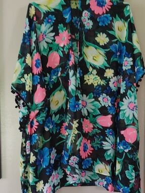 Passion Fusion Floral Black Sheer Kimono Cover-Up Sz S/M